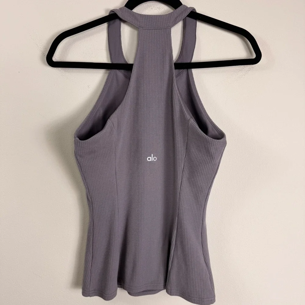 Alo Yoga Womens Ribbed High Neck Tank Top Shelf Bra Keyhole Racerback Grey Small